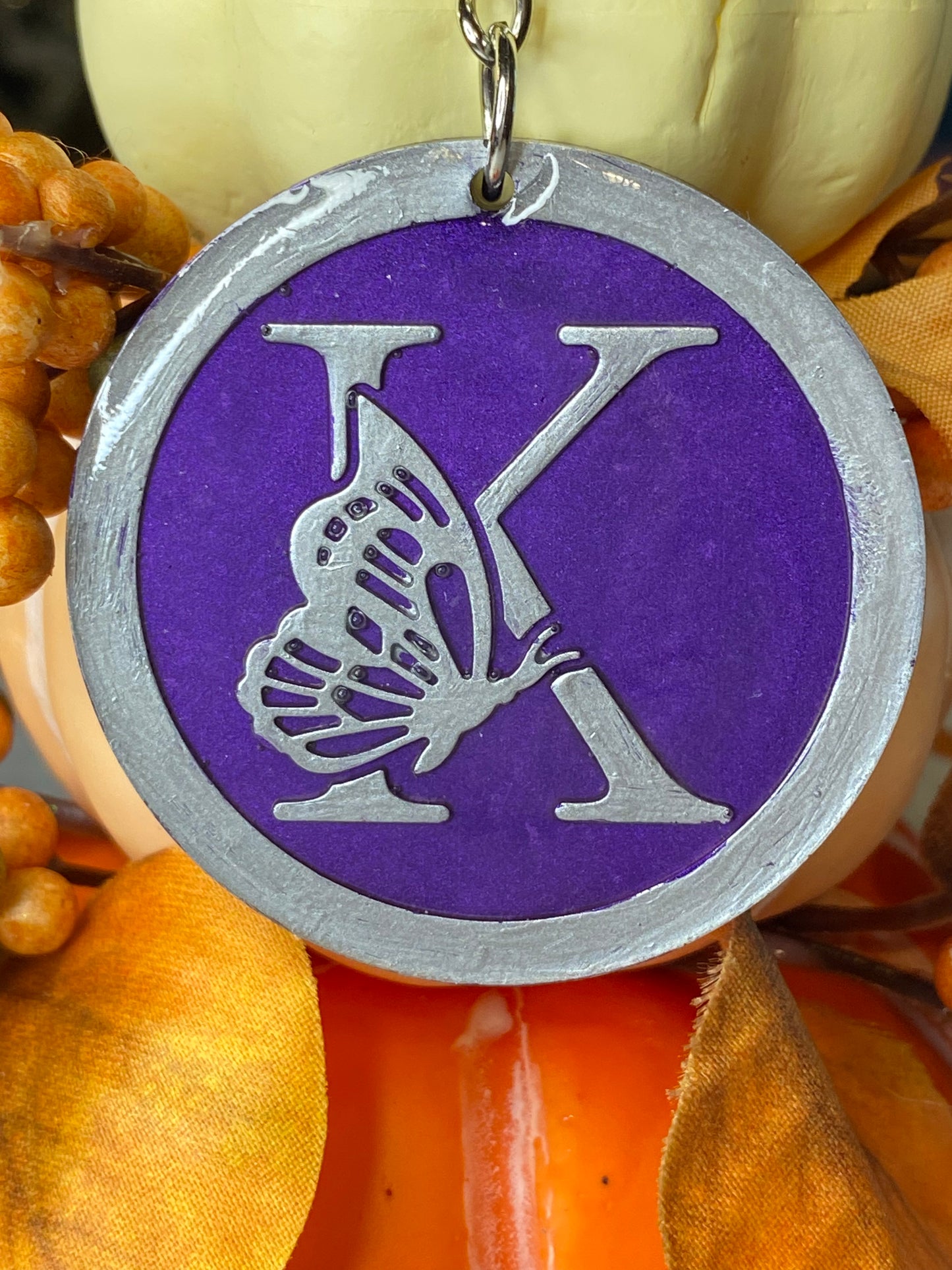Round Purple with Silver Letters & Symbols Keychains