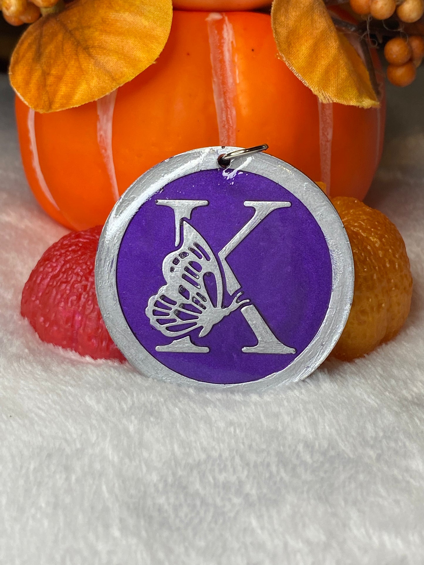 Round Purple with Silver Letters & Symbols Keychains