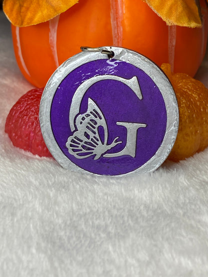 Round Purple with Silver Letters & Symbols Keychains