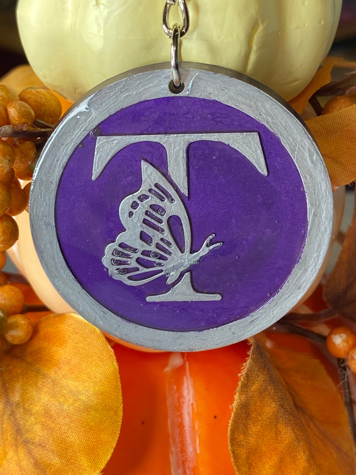 Round Purple with Silver Letters & Symbols Keychains