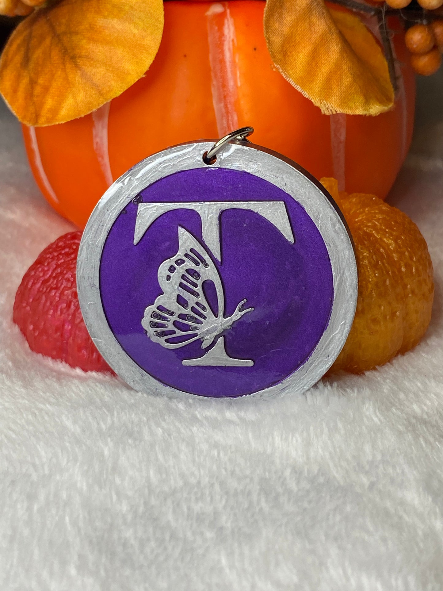 Round Purple with Silver Letters & Symbols Keychains