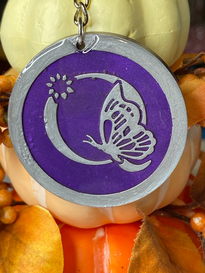 Round Purple with Silver Letters & Symbols Keychains