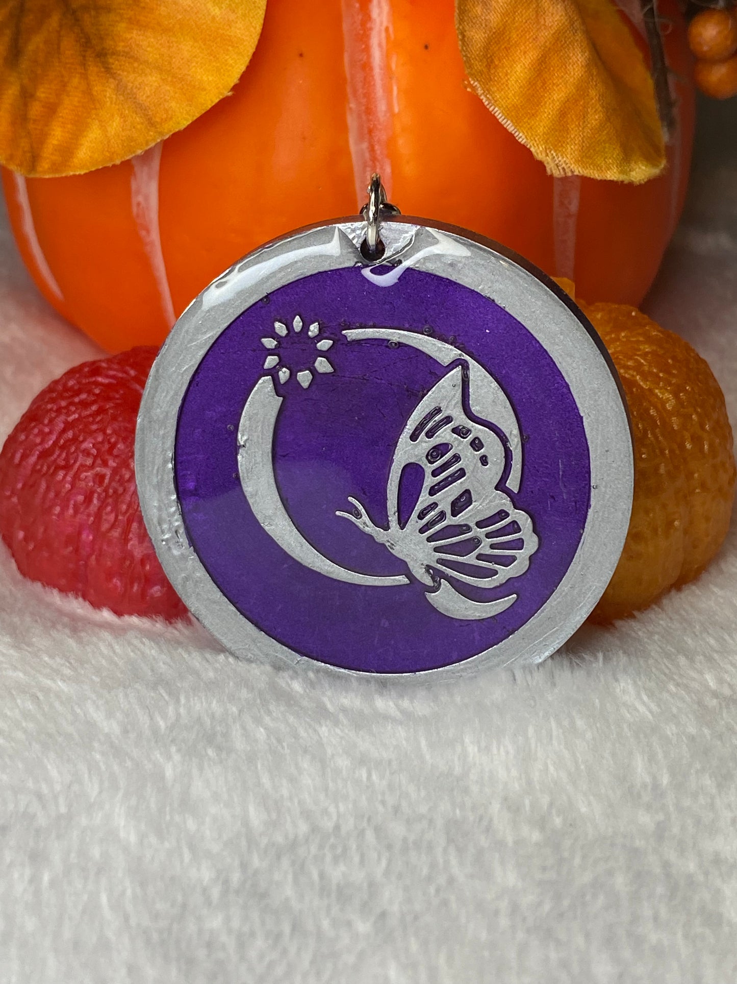 Round Purple with Silver Letters & Symbols Keychains