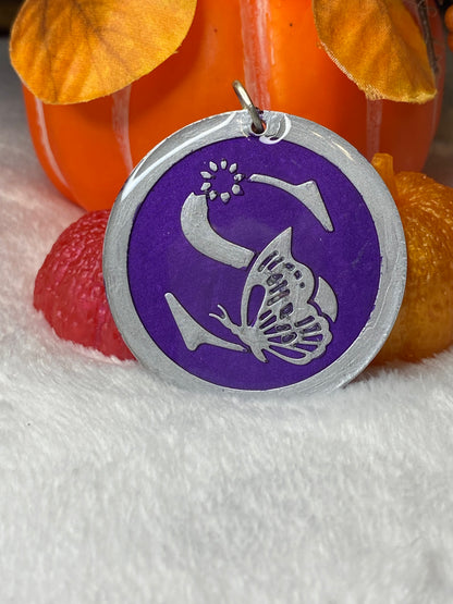 Round Purple with Silver Letters & Symbols Keychains