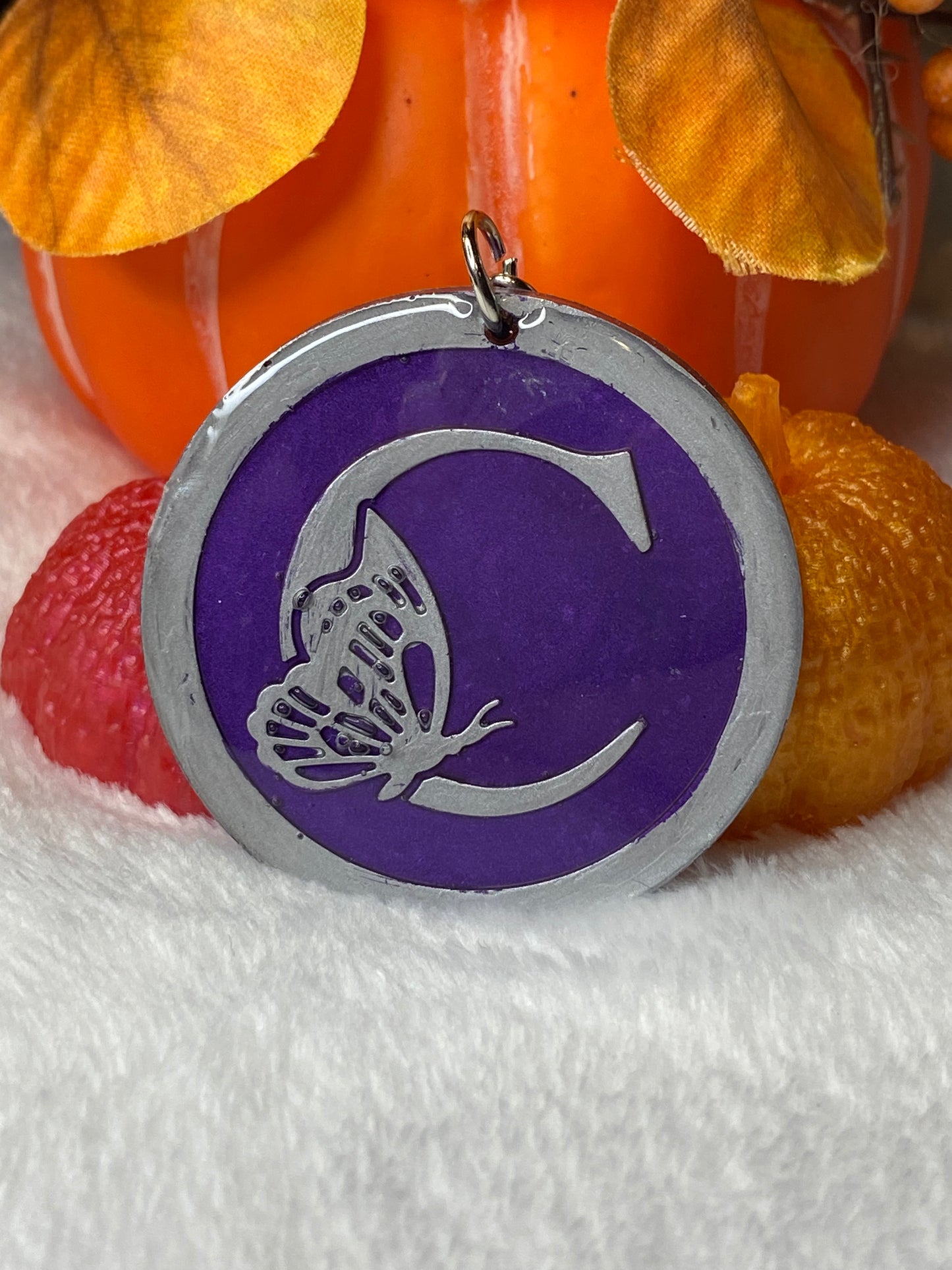 Round Purple with Silver Letters & Symbols Keychains
