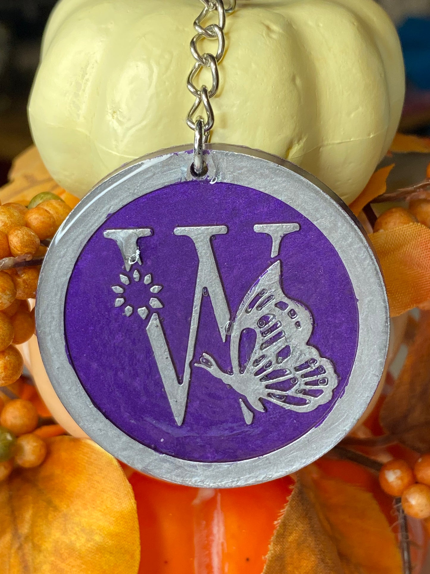 Round Purple with Silver Letters & Symbols Keychains