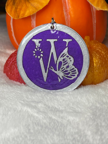 Round Purple with Silver Letters & Symbols Keychains