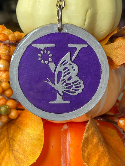 Round Purple with Silver Letters & Symbols Keychains