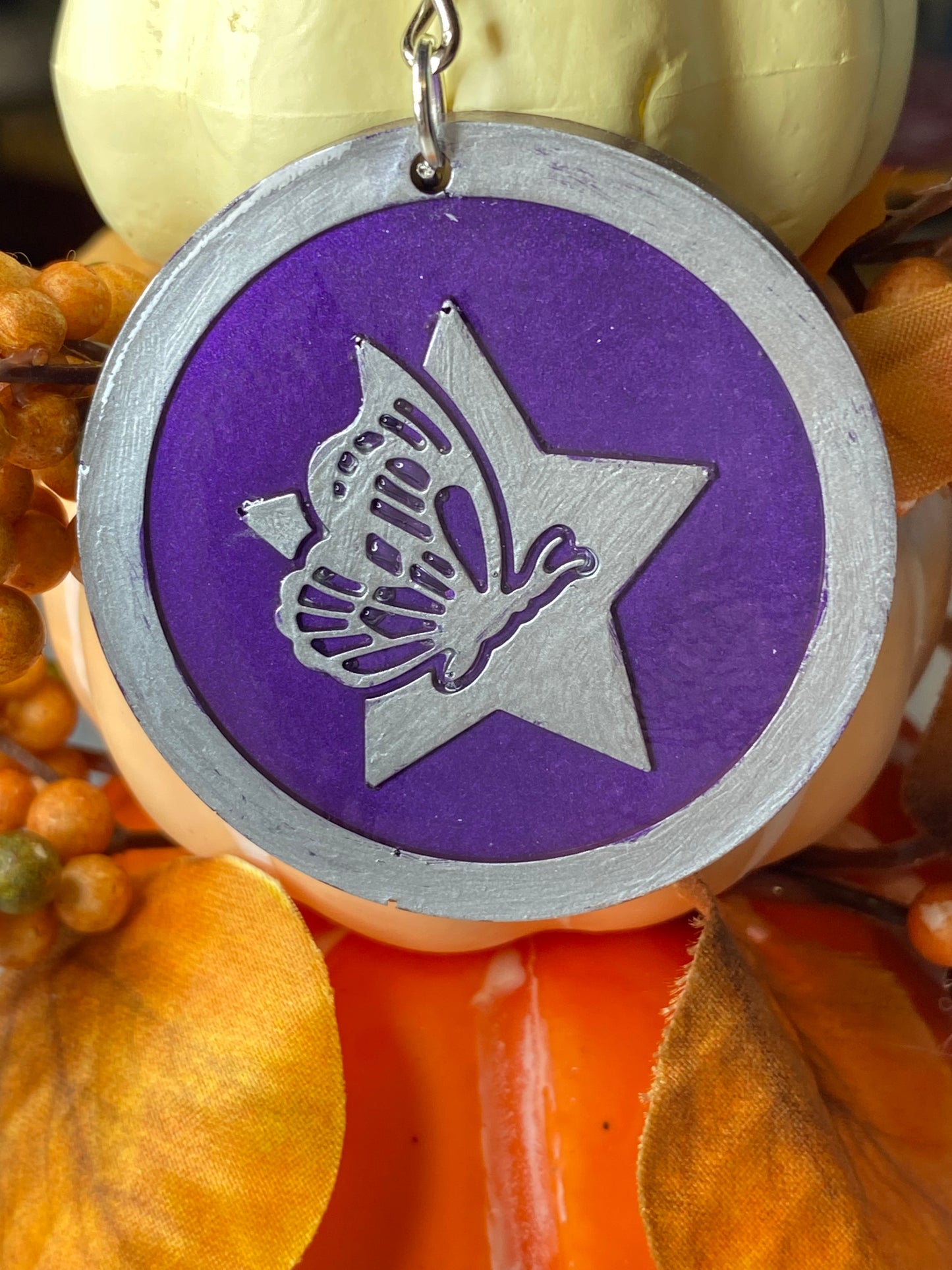 Round Purple with Silver Letters & Symbols Keychains