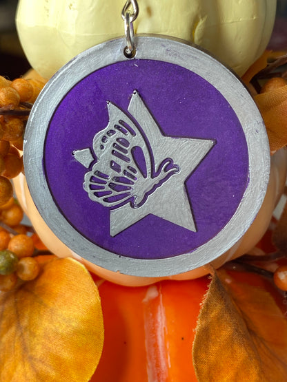 Round Purple with Silver Letters & Symbols Keychains