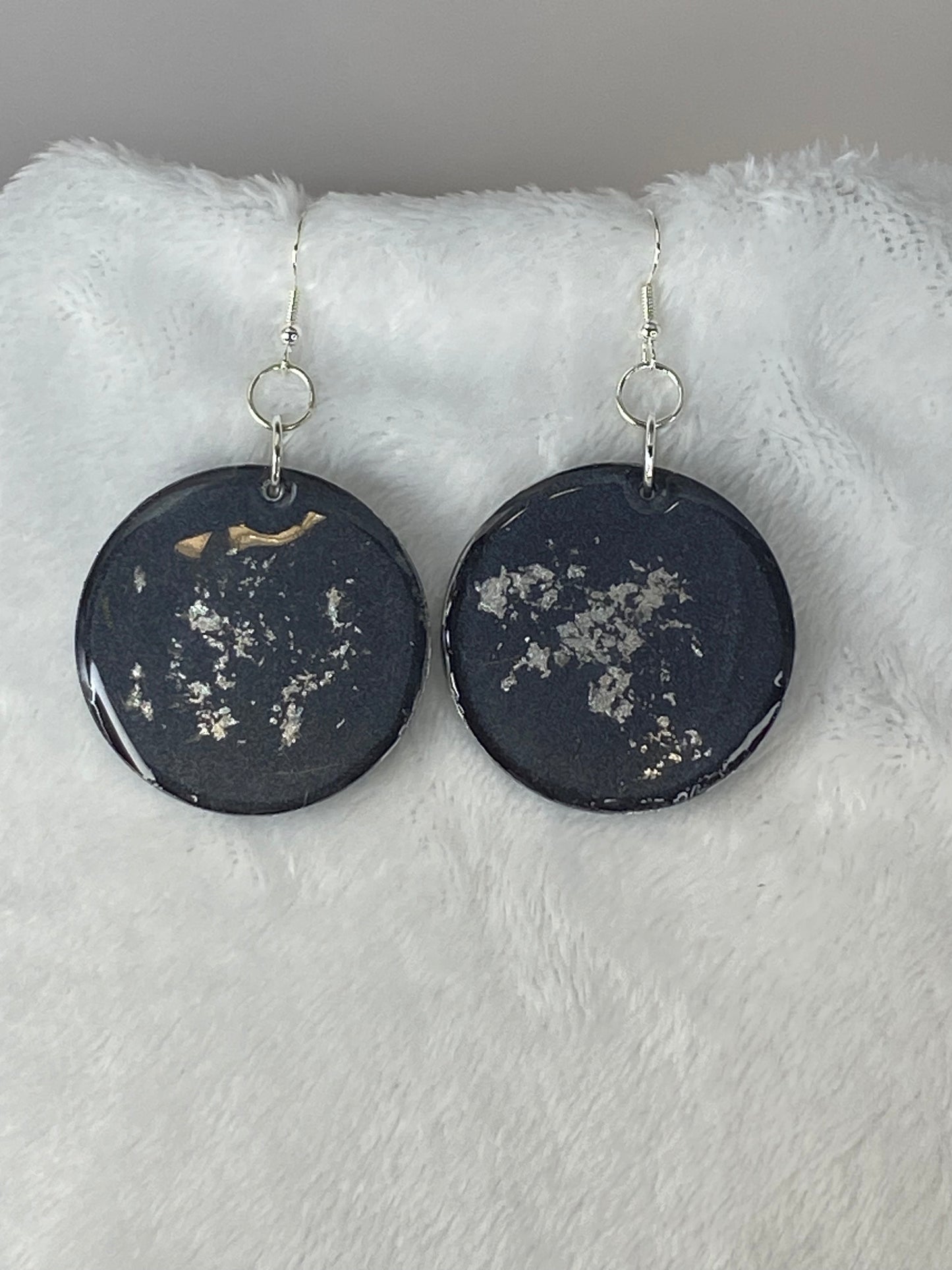 Black with Silver Foil Earrings Circle Shaped