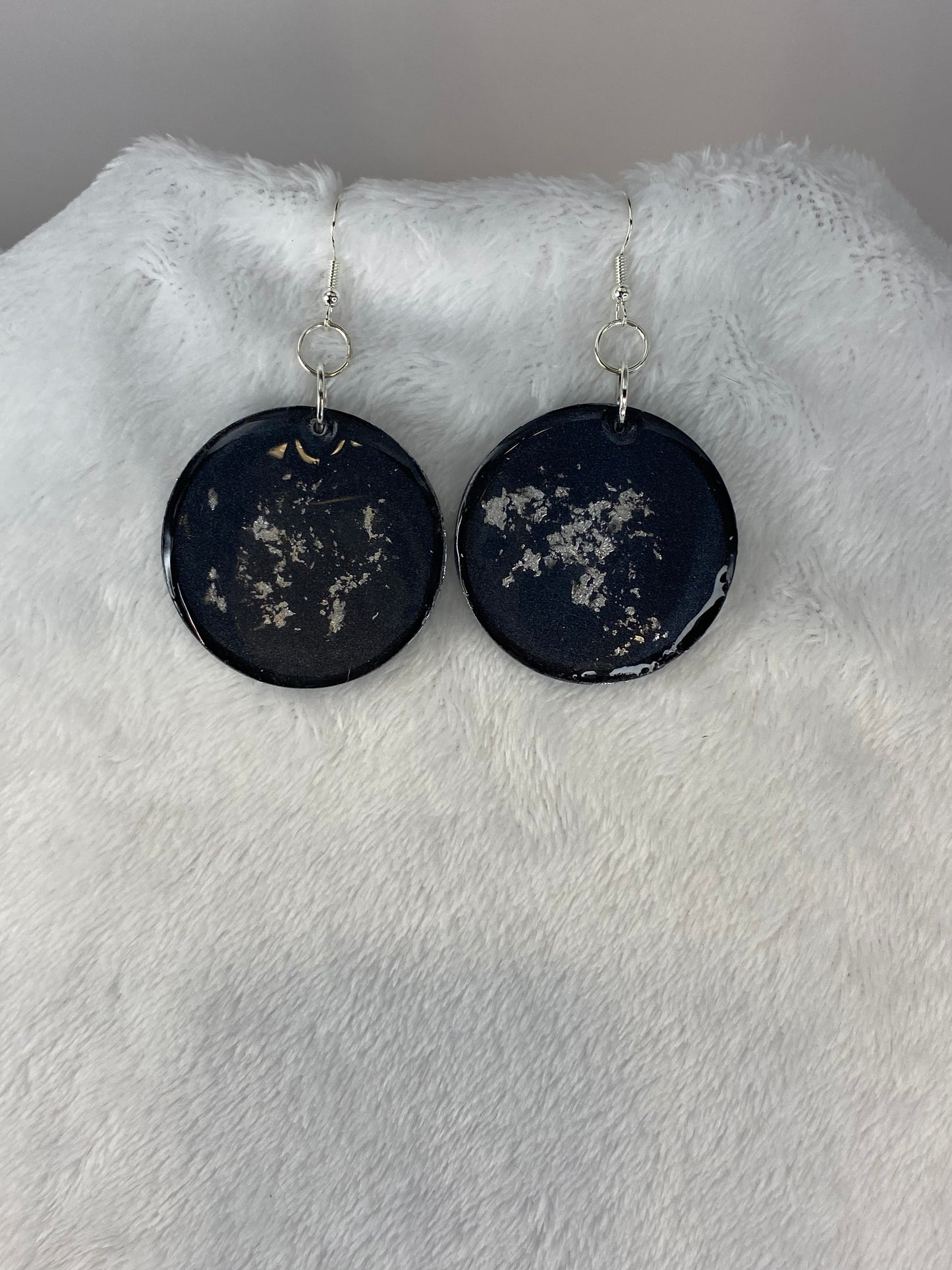 Black with Silver Foil Earrings Circle Shaped