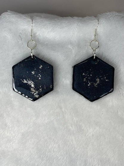 Black with Silver Foil Hexagon Earrings