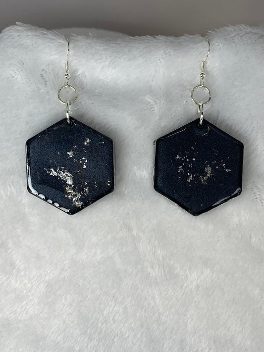 Black with Silver Foil Hexagon Earrings