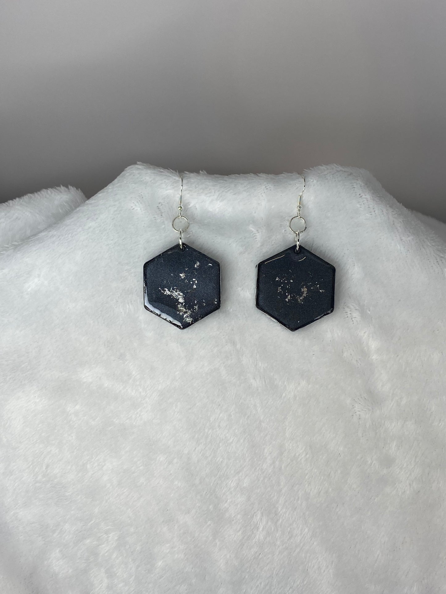 Black with Silver Foil Hexagon Earrings