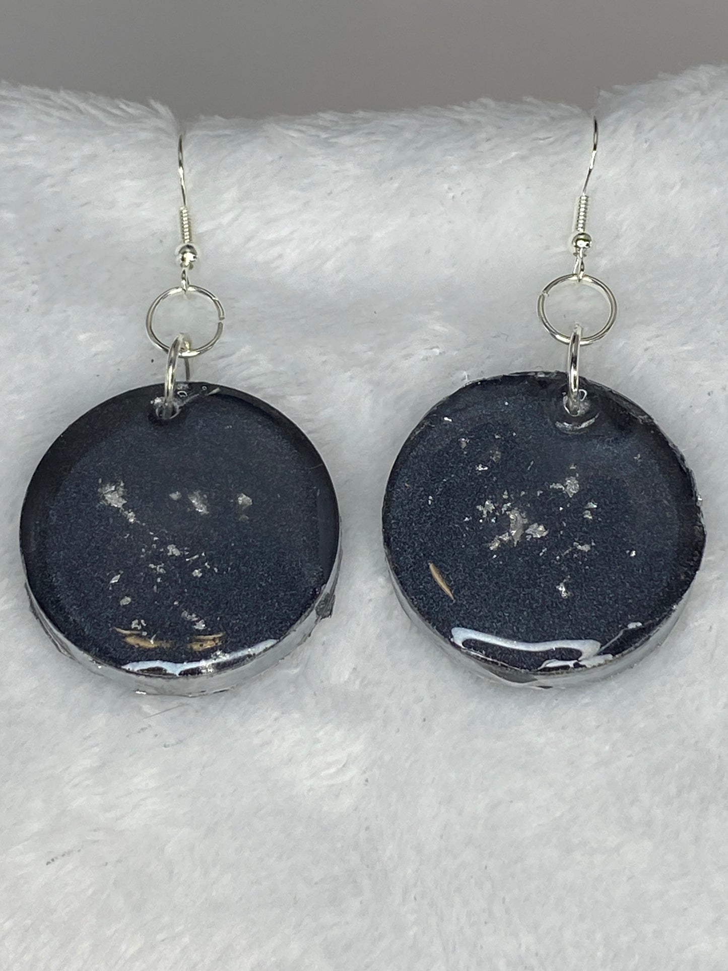 Black with Silver Foil Earrings Circle Shaped