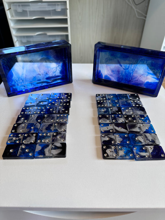 Blue, Black, Silver Resin Dominoes with Case