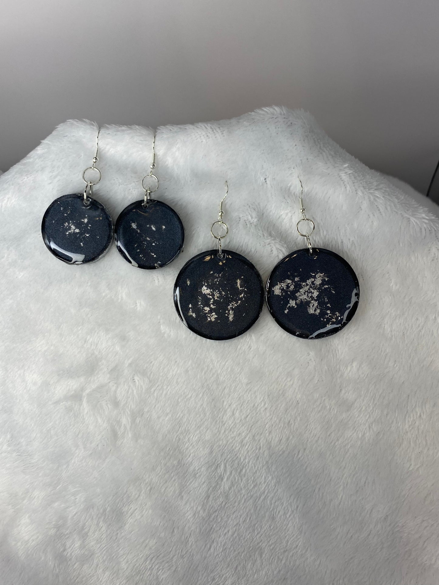 Black with Silver Foil Earrings Circle Shaped
