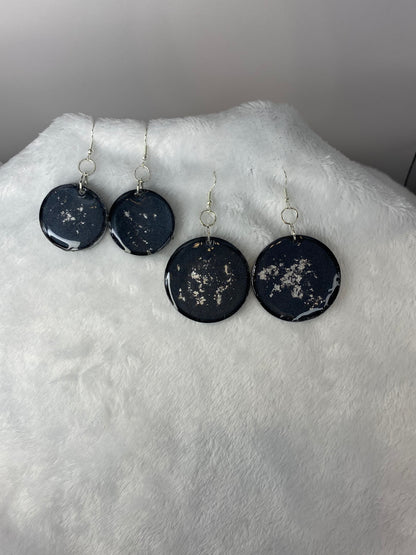 Black with Silver Foil Earrings Circle Shaped