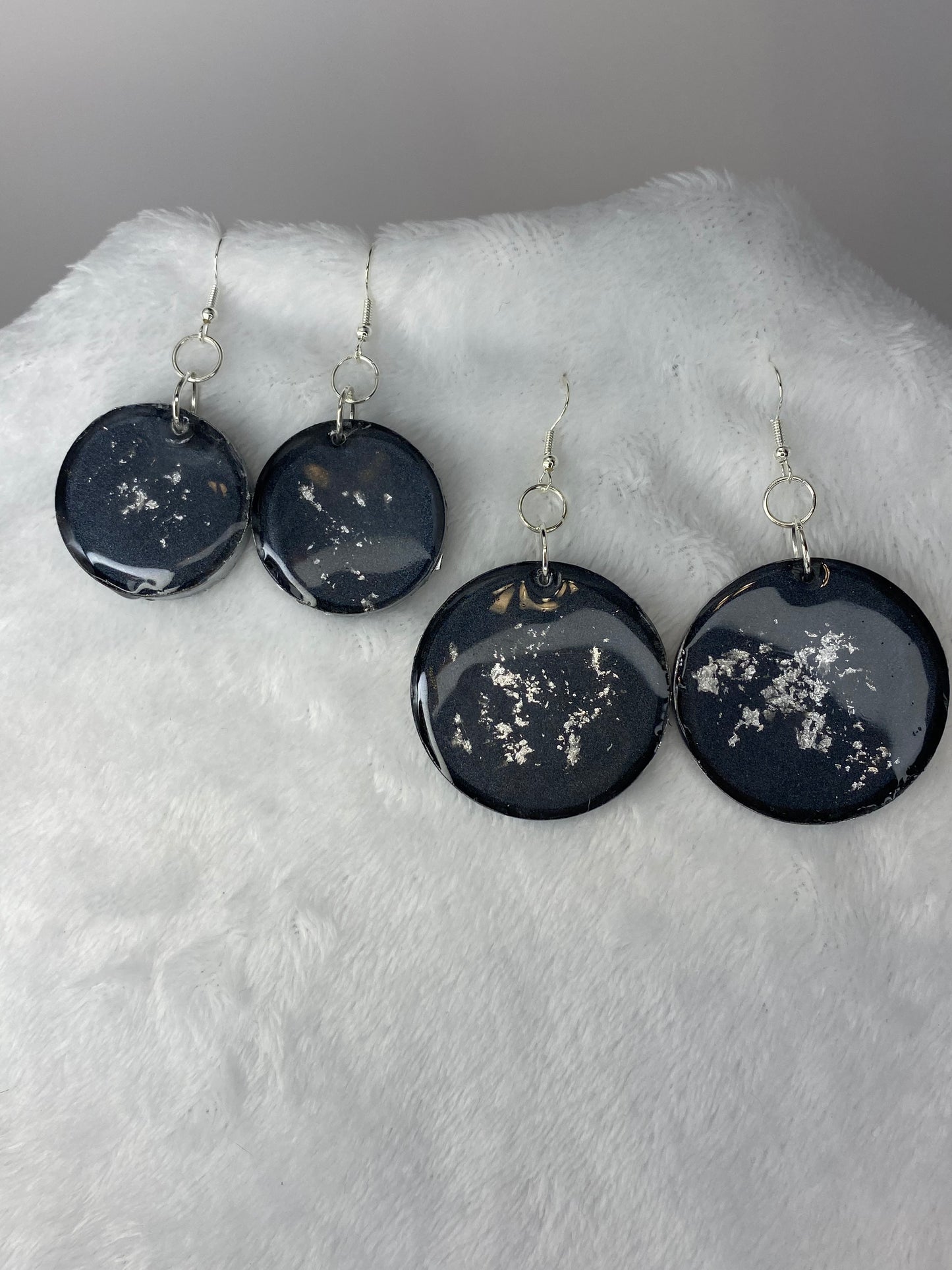 Black with Silver Foil Earrings Circle Shaped