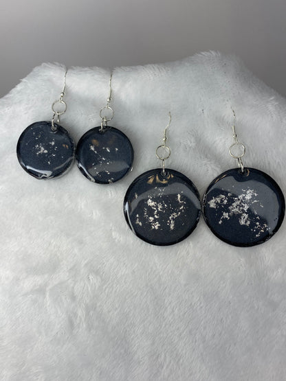 Black with Silver Foil Earrings Circle Shaped