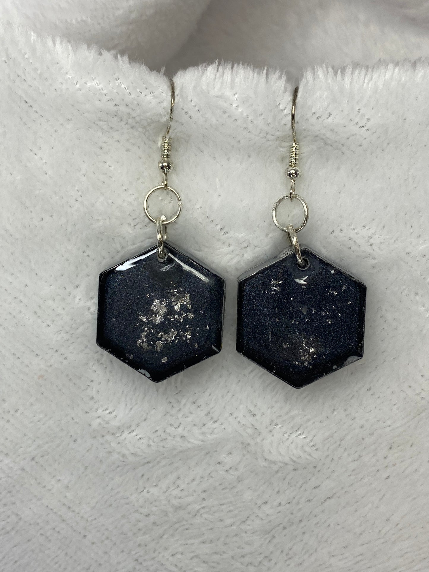 Black with Silver Foil Hexagon Earrings