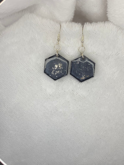 Black with Silver Foil Hexagon Earrings
